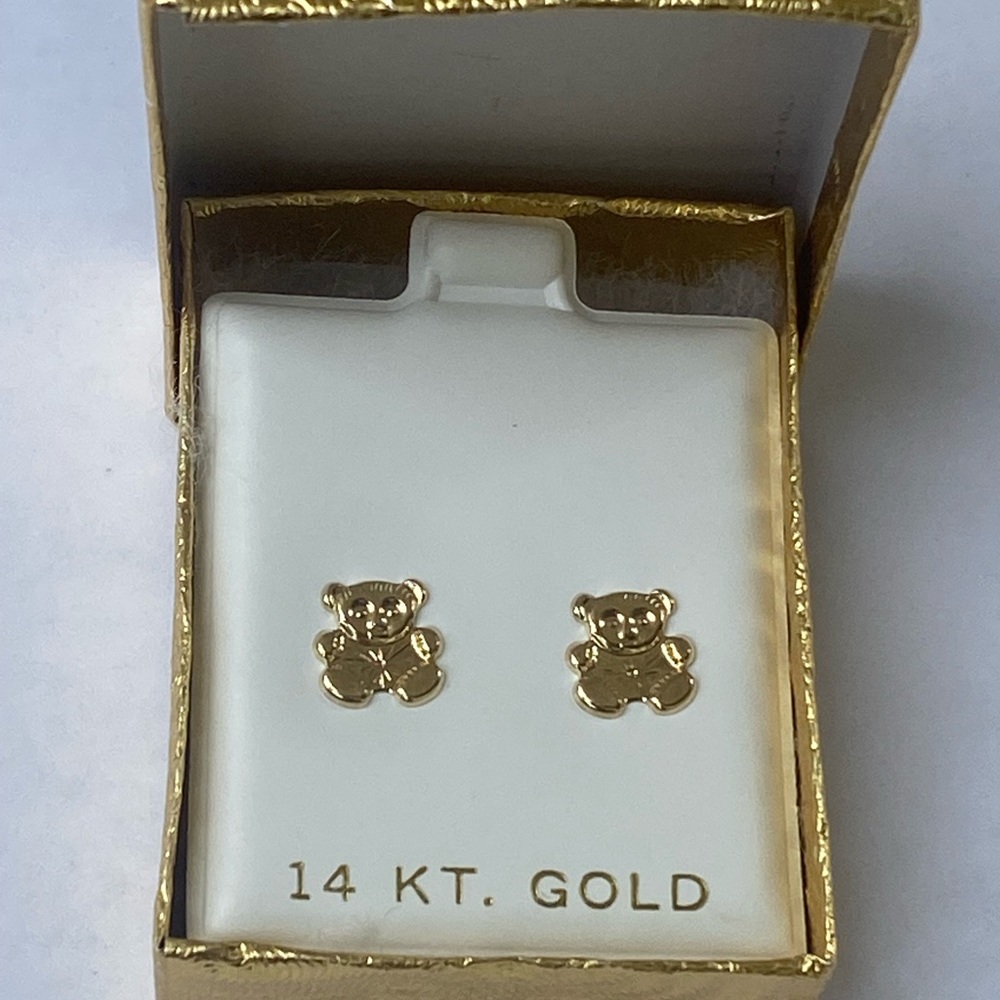 Teddy Bear Stud Earrings 14K Yellow Gold